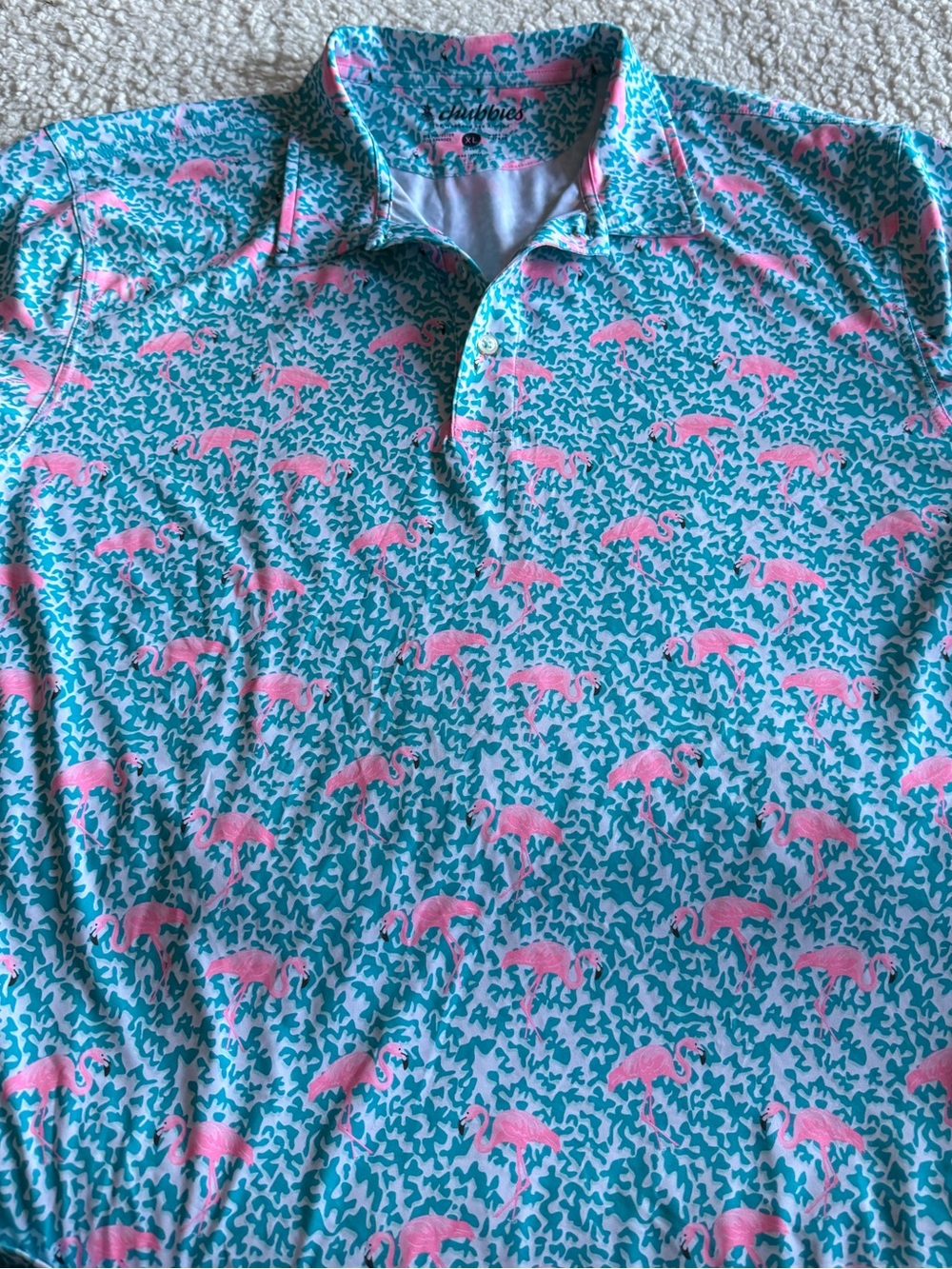Chubbies Pink Flamingo Pattern Golf Polo in Aqua